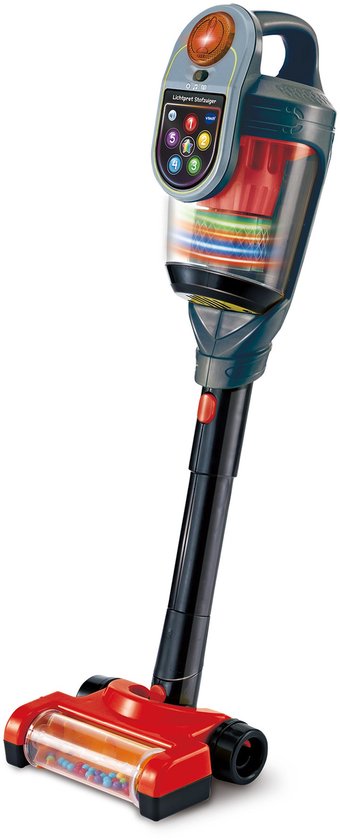 Aspirateur jouet VTech avec perles colorées dans la brosse, boutons et lumières sur la poignée.