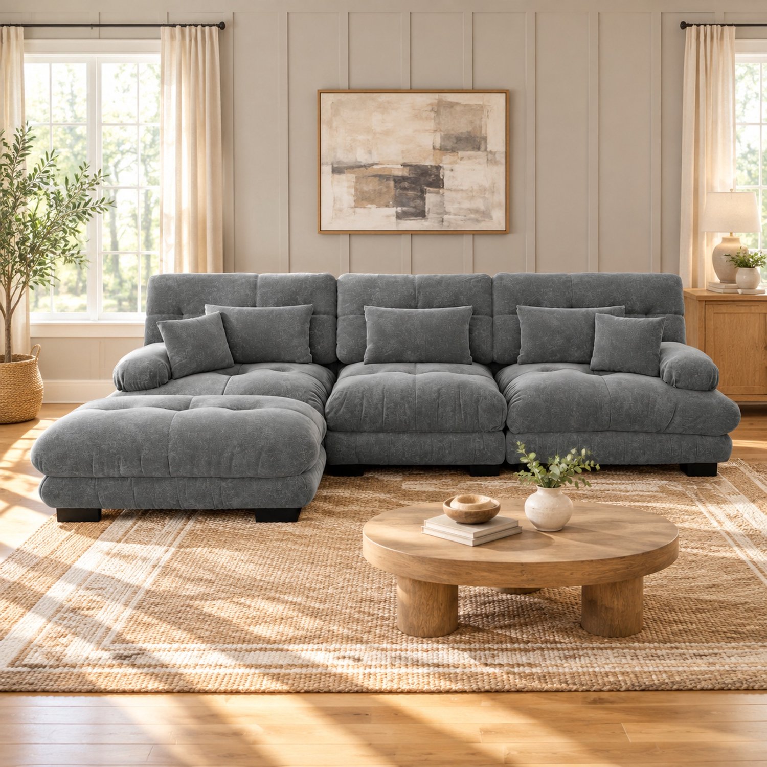 WUVRIE Modulaire hoekbank 313x145 cm - Met verplaatsbare ottomans en diepe zitting - Grijs