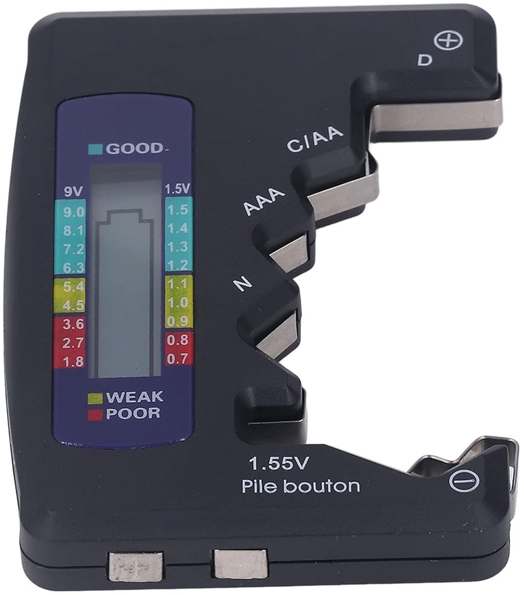 Batterijtester Digitale LCD Universele Batterijcontrole ABS-materiaal Indicatielampje voor 1.5V 9V-batterij AA AAA 9V-batterijen 6F22 1.55V-knopbatterijen (zwart)