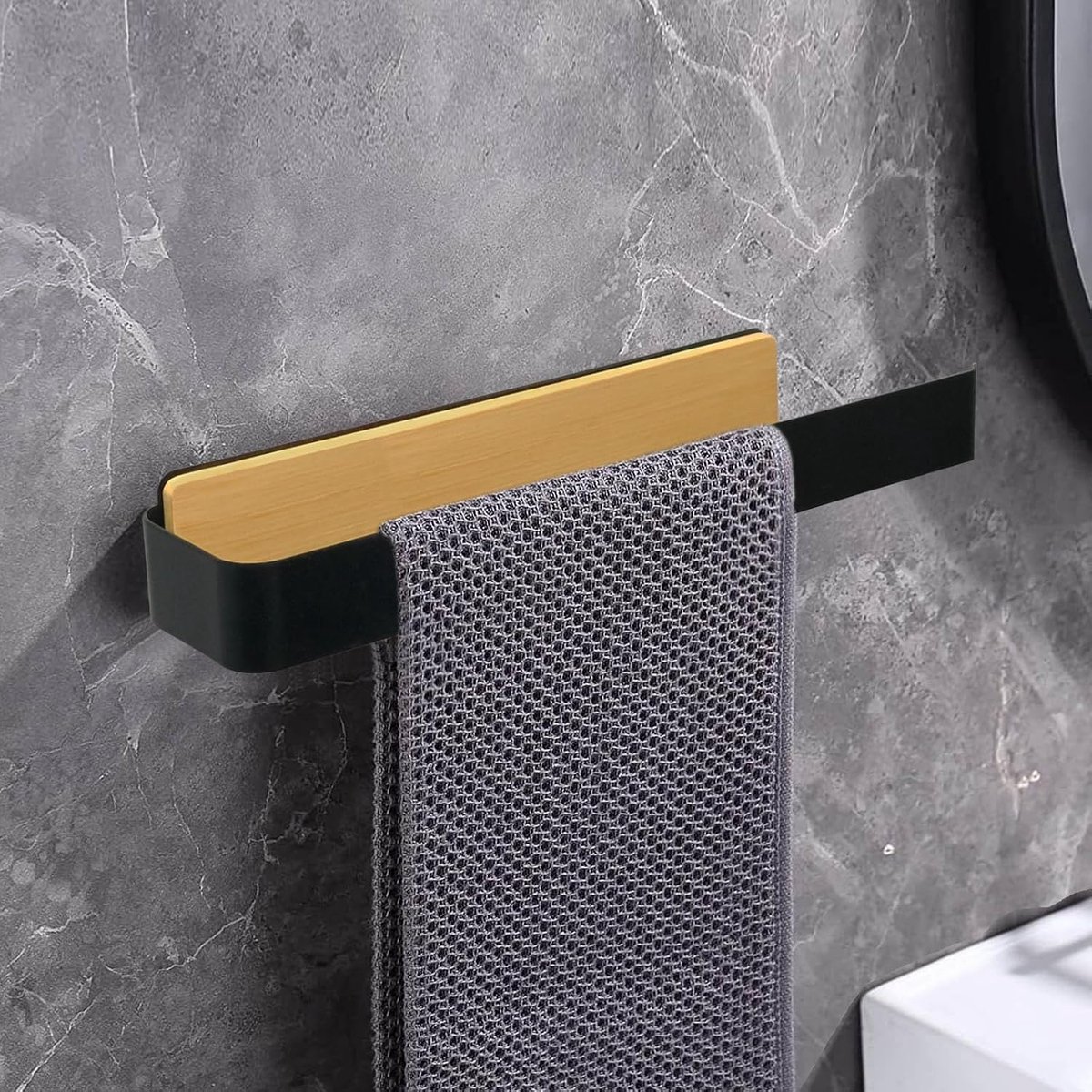 Handdoekhouder Zwart Bamboe Zonder Boren 30cm Zelfklevende Handdoekstang