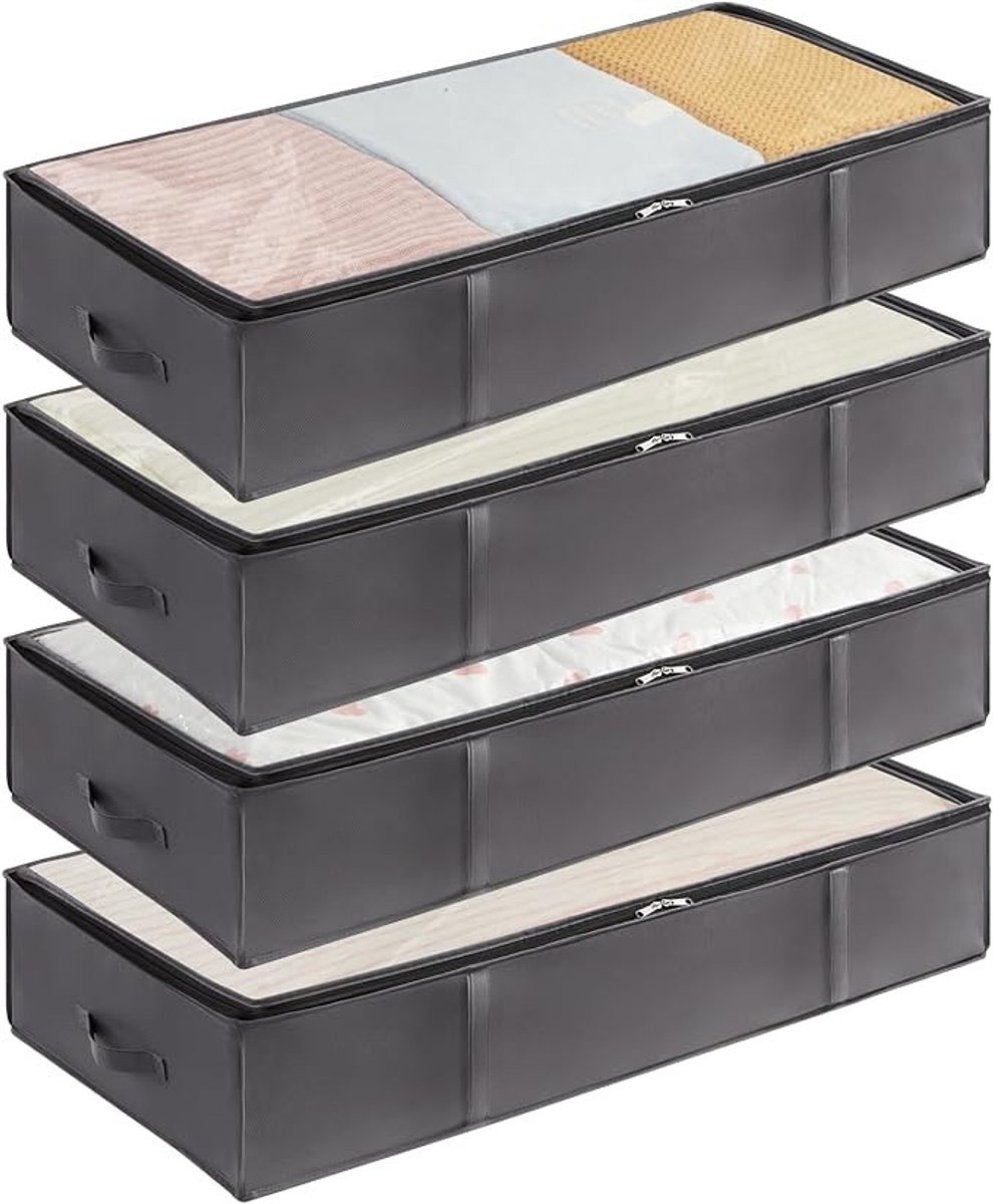 Livatto Opbergcontainers onder Bed 4-pack – 90L Opbergzakken met Versterkte Handgrepen en Transparant Venster – Grijs