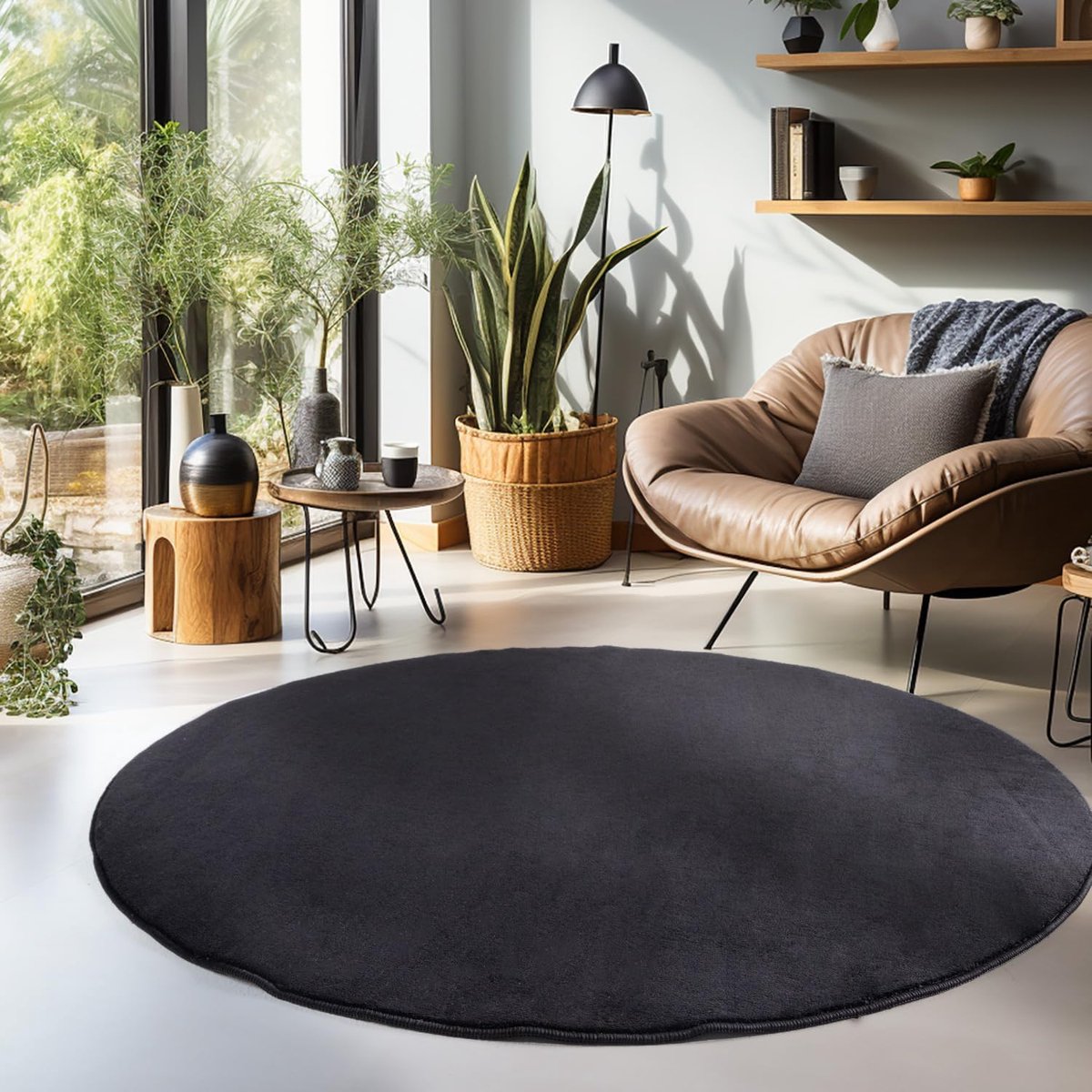 Wasbaar Laagpolig Vloerkleed Rond 120 cm Zwart