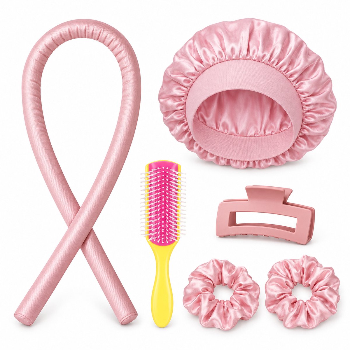 Professor Q Heatless Curls Haarset - Krullint met Elastiekjes en Klem - Fusion Pink Borstel - Bonnet Roze