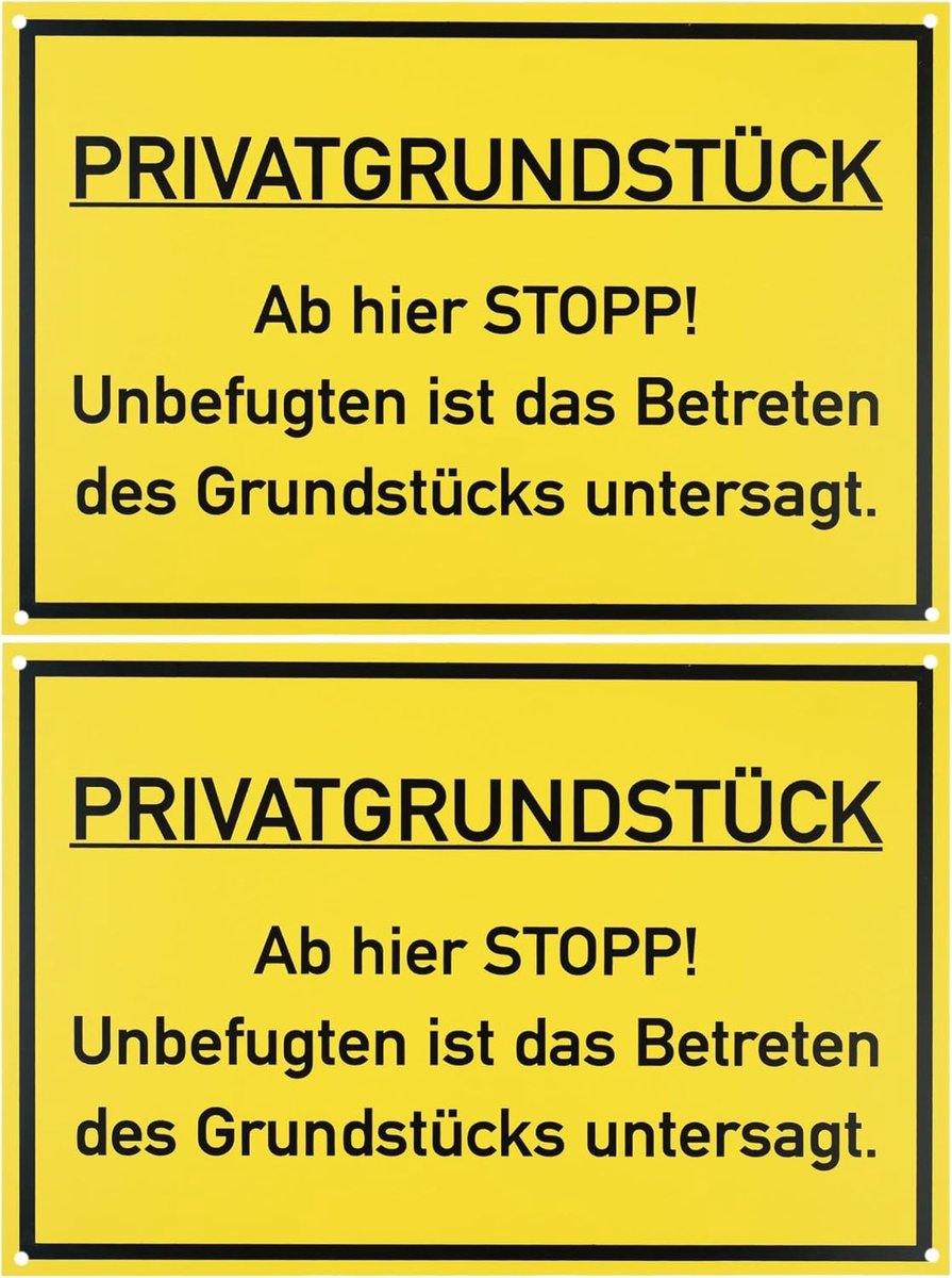 "PRIVATGRUNDSTICK - Ab hier STOPP!", 2 stuks, 30 x 20 cm, 1 mm dik PVC bord met boorgaten, borden grondstuk betreden verboden, let op onbevoegden hier verboden Waarschuwing