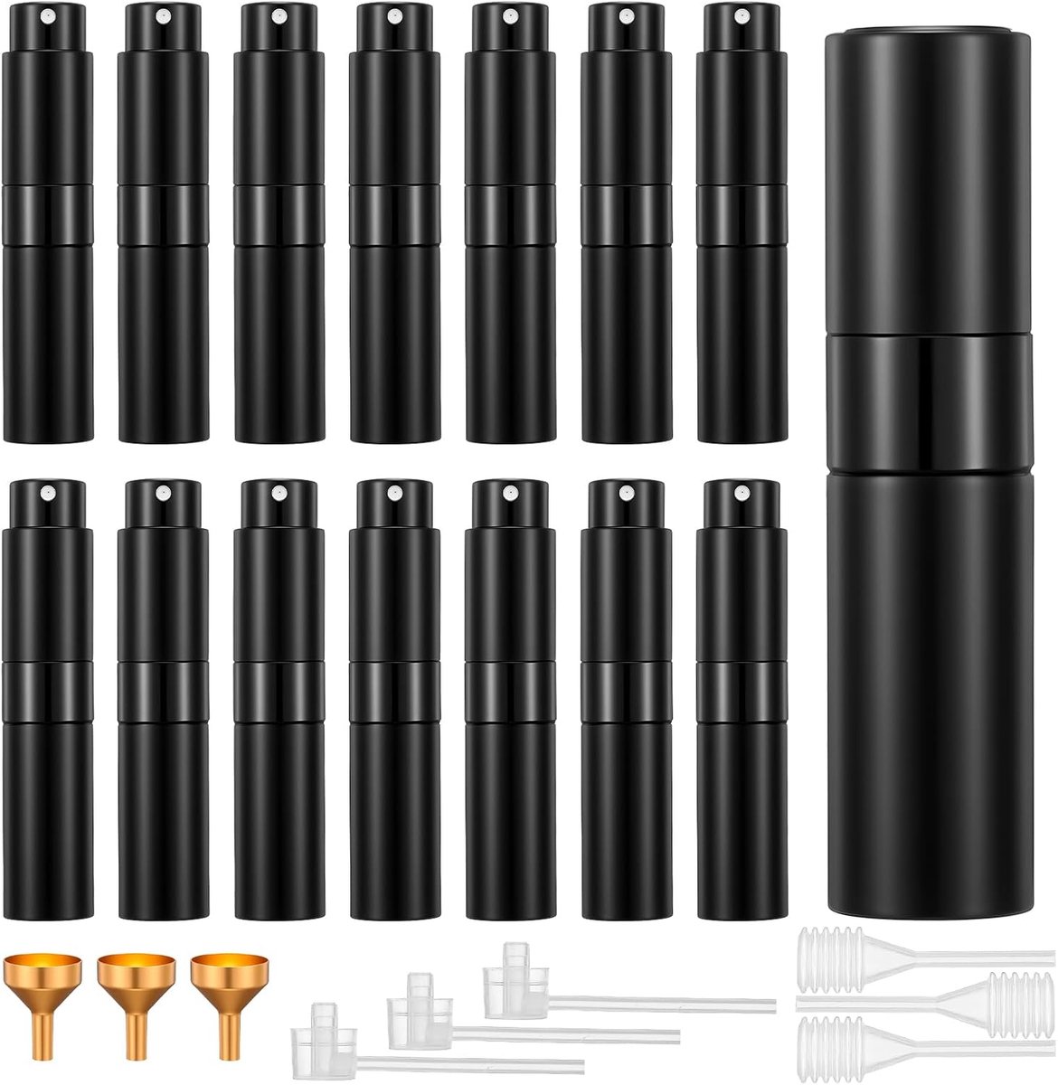15 Pack 8ML Travel Parfum Verstuiver Hervulbare Flessen, Zwarte Lekvrije Keulen Sproeier met trechters & Gereedschap, Draagbare Parfum Dispenser voor Vrouwen & Mannen