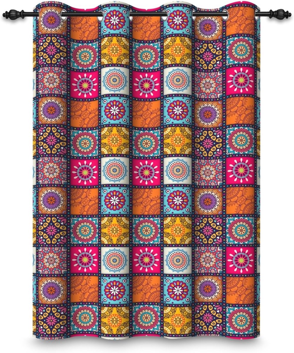 135 x 229 cm, Boho patchwork, oogjesgordijn, meerkleurig, mandala, abstract, Marokkaans motief, warmte-isolerend, oogjes, ondoorzichtig, gordijnen voor ramen, slaapkamer, woonkamer, keuken, 1