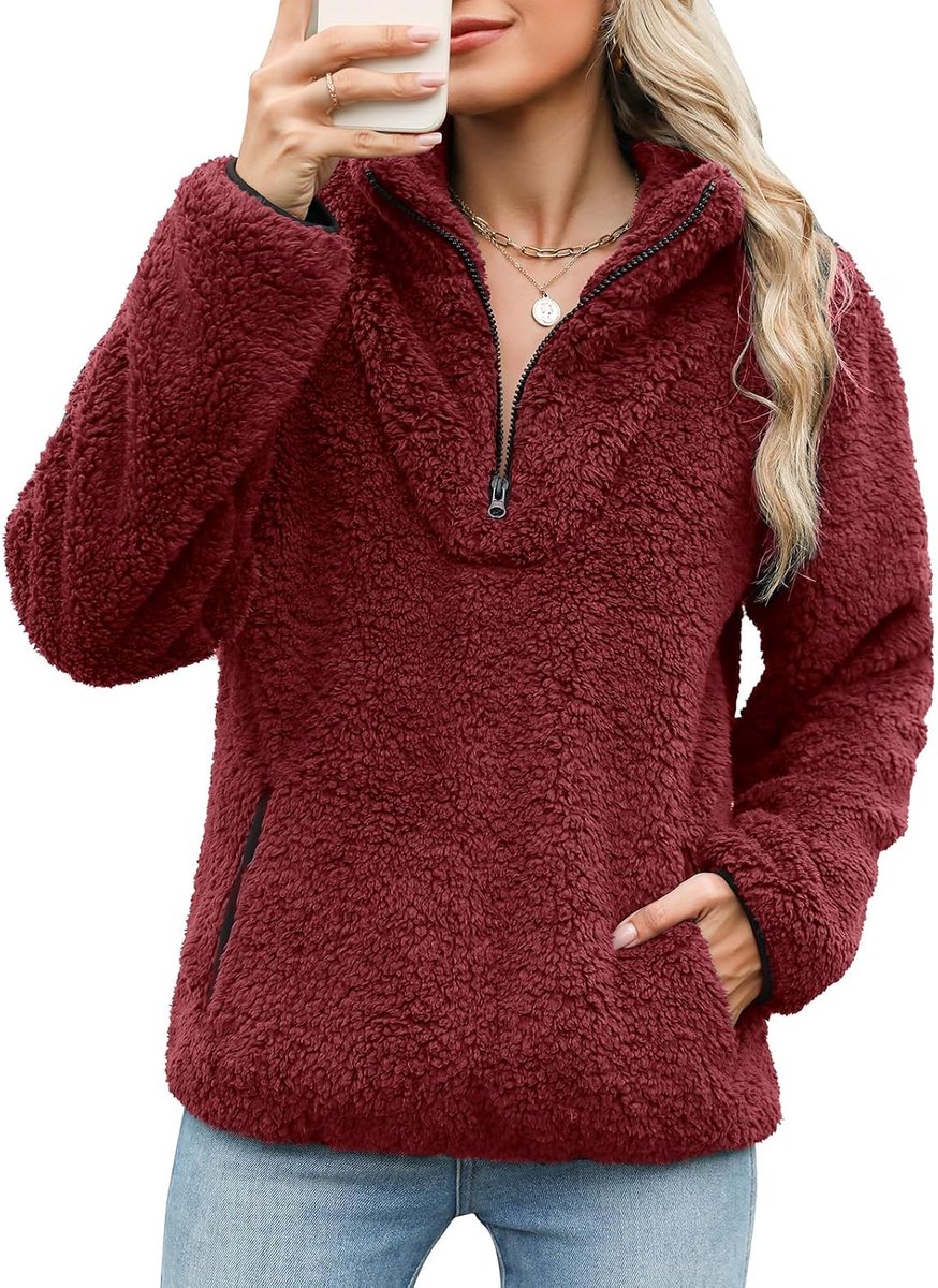 Sweatshirt zonder capuchon met ritssluiting voor dames, fleece, los, effen, lange mouwen, trui met zakken, warm en pluizig sweatshirt, jassen, bovenstukken, herfst en winter