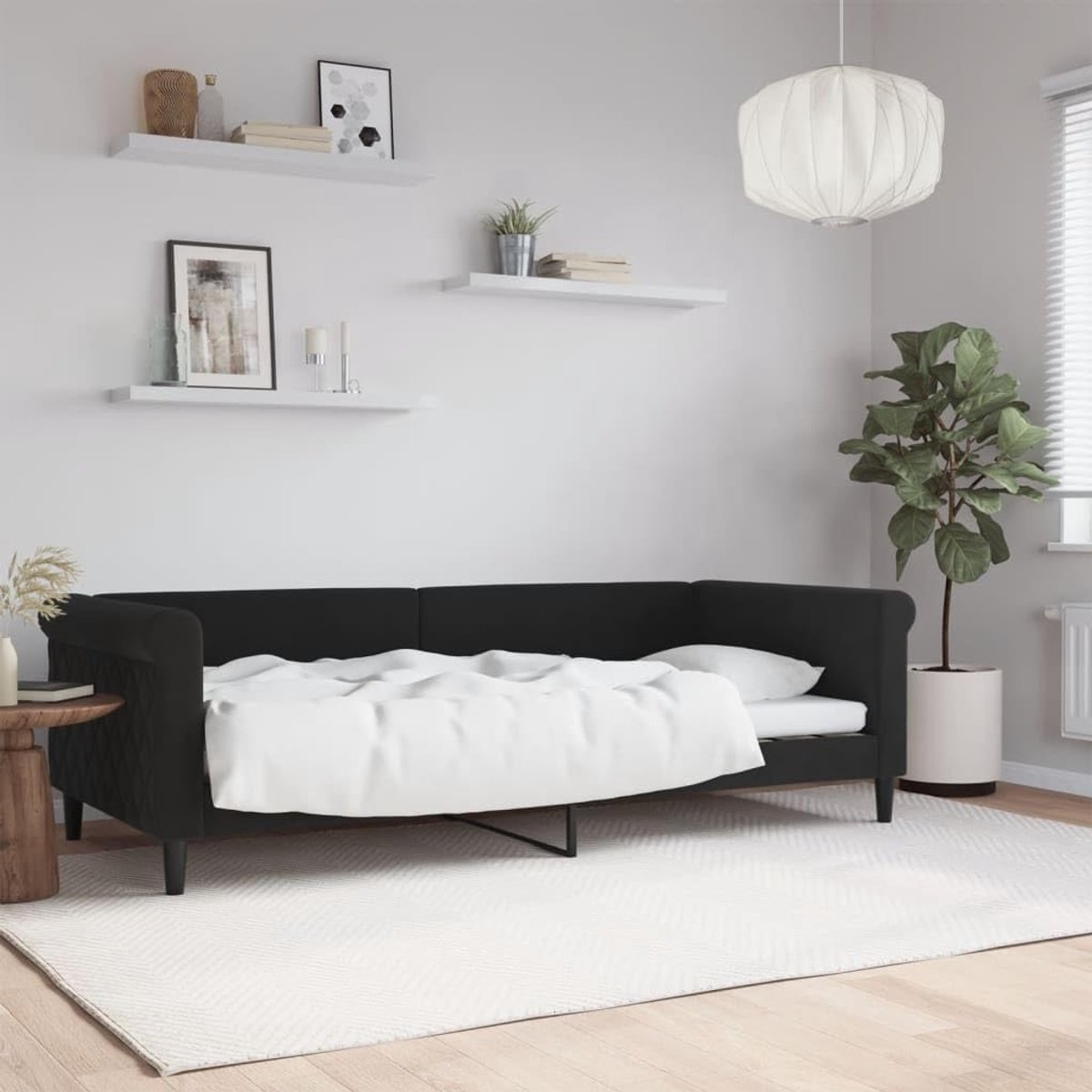 Zwart dagbed, 90 x 200 cm, van fluweel, slaapbank, moderne bank, 2-zitsbank, eenpersoonsbank, gestoffeerde bank, voor woonkamer, kantoor, model K