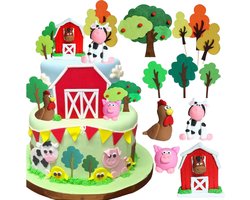 feesttaartdecoratie, kinderranch, rustieke verjaardagstaart-decoratie, inclusief boerderijhuis, koeien, kippen, biggen en verschillende kleine bomen