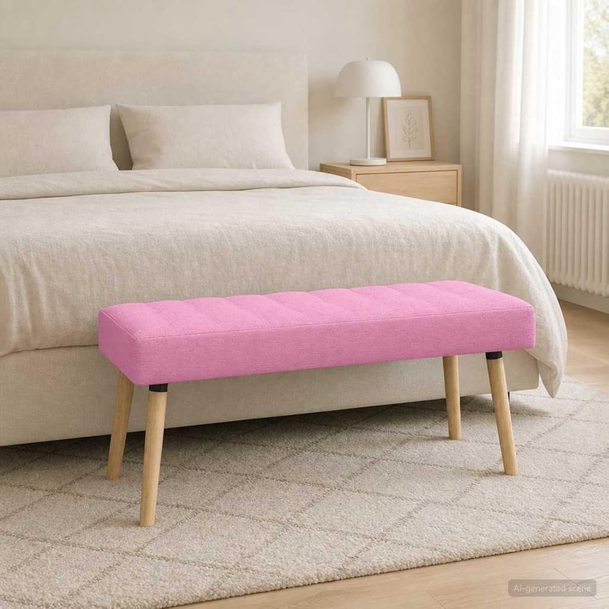 Gevoerde bank, zachte stoffen bekleding in roze met comfortabele rugleuning, 110 x 40 x 46 cm voor slaapkamer, hal of als zitbank in de entree