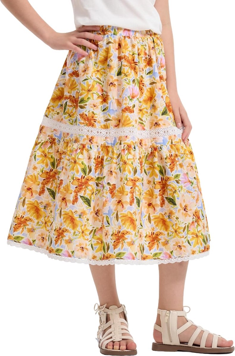 Lange bloemenrok voor meisjes, elastische hoge taille, zoom met ruches, vloeiende A-lijn, boho-maxi-jurk
