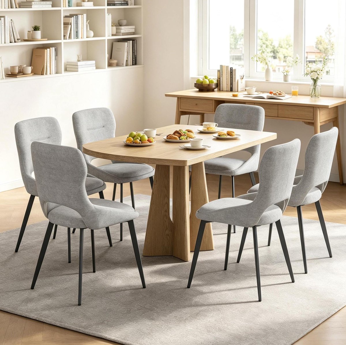 REDOM Eetkamerstoel set van 6 - Gestoffeerde chenille zitting - Opengewerkte rugleuning - Metalen vierpoot - Grijs - 43 x 40 x 86 cm