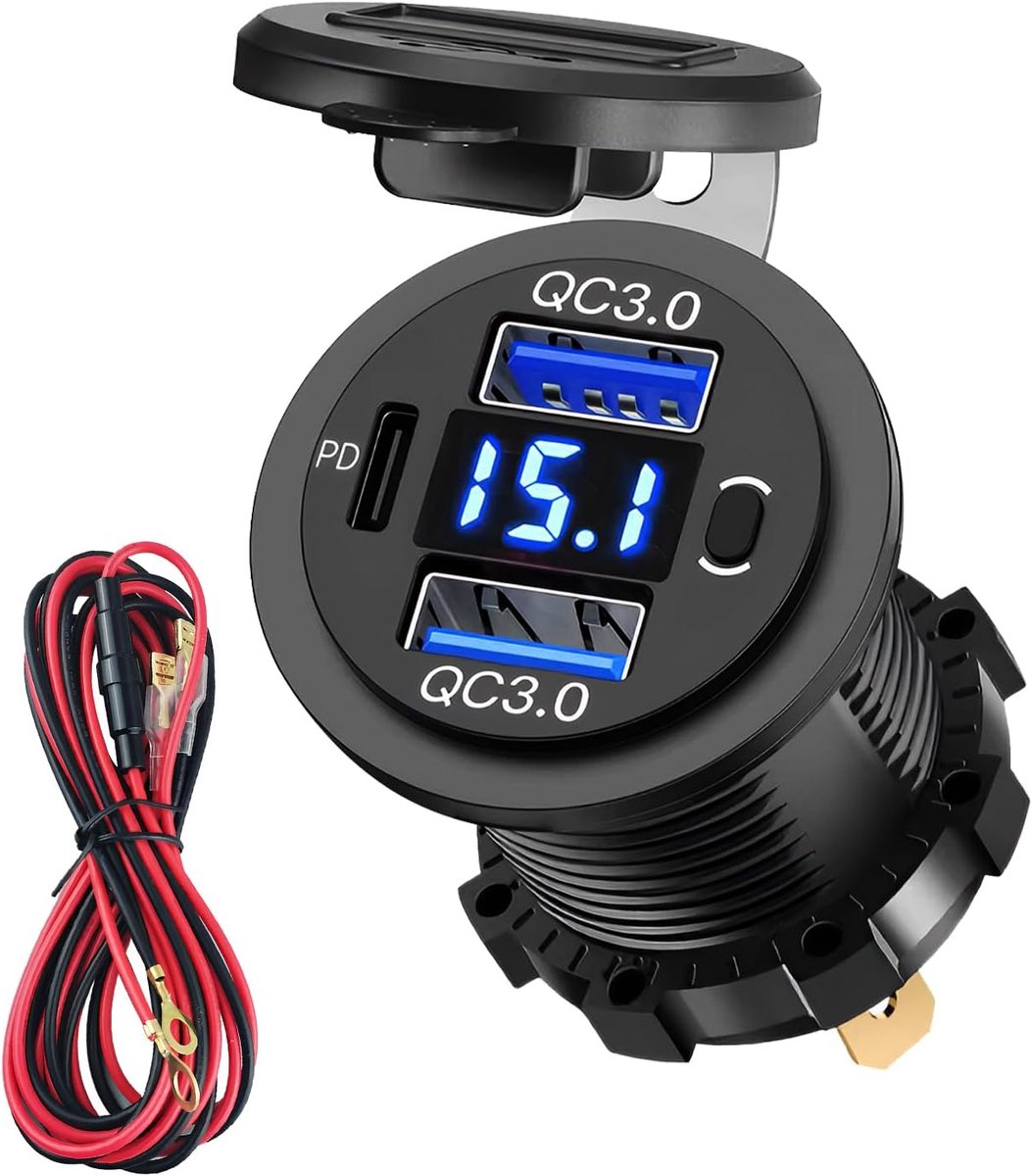 12 V/24 V, Dual QC 3.0 18 W en 30 W PD adapter stopcontact met schakelaar en voltmeter, USB-oplader, bekabeld, multi-poort, snel opladen voor telefoon, Android, iPad, geschikt voor camper