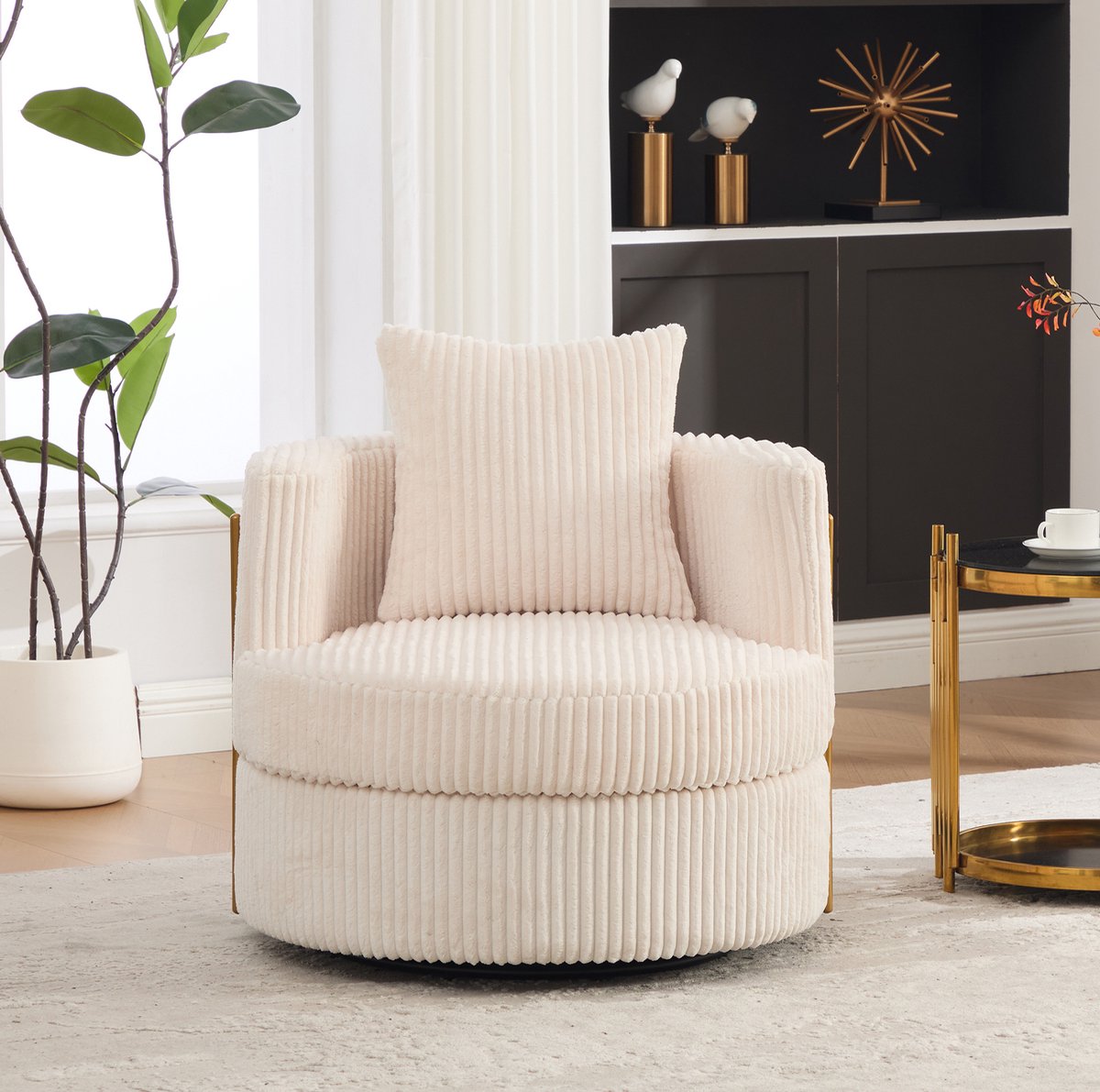 DESMIU Fauteuil - 360 Graden Draaibaar Met Opbergruimte - Voor Woonkamer En Slaapkamer - Ribfluweel Beige - 79x76x78 Cm
