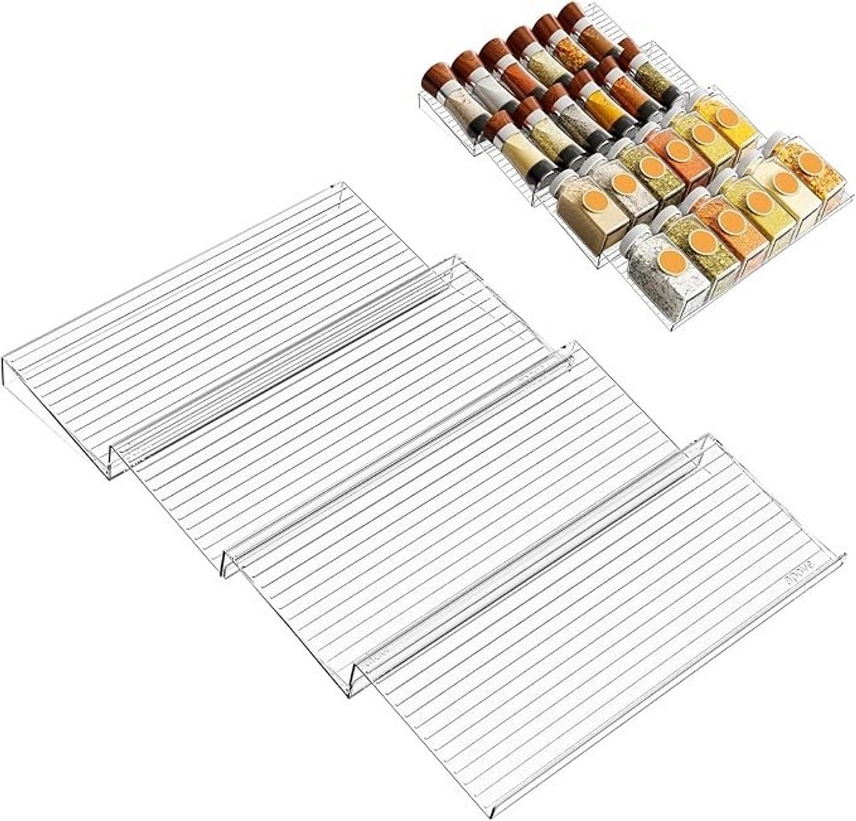 Livatto Kruidenrek voor lade – Uittrekbaar organizer met 4 panelen, verstelbaar 27-55 cm, transparant acryl