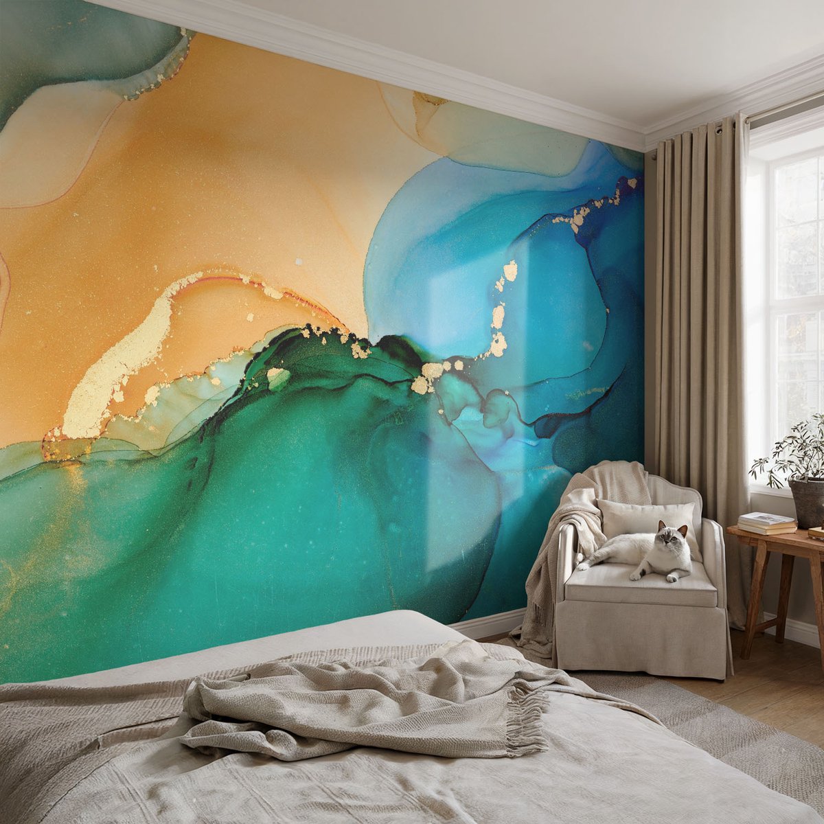Coloray Vliesbehang - Blauw Snellijm Behang - 104x70 cm - Kleurrijke Golven Fotobehang Vlies - Hal behang Abstractie - Muurschildering - Woonkamer behang