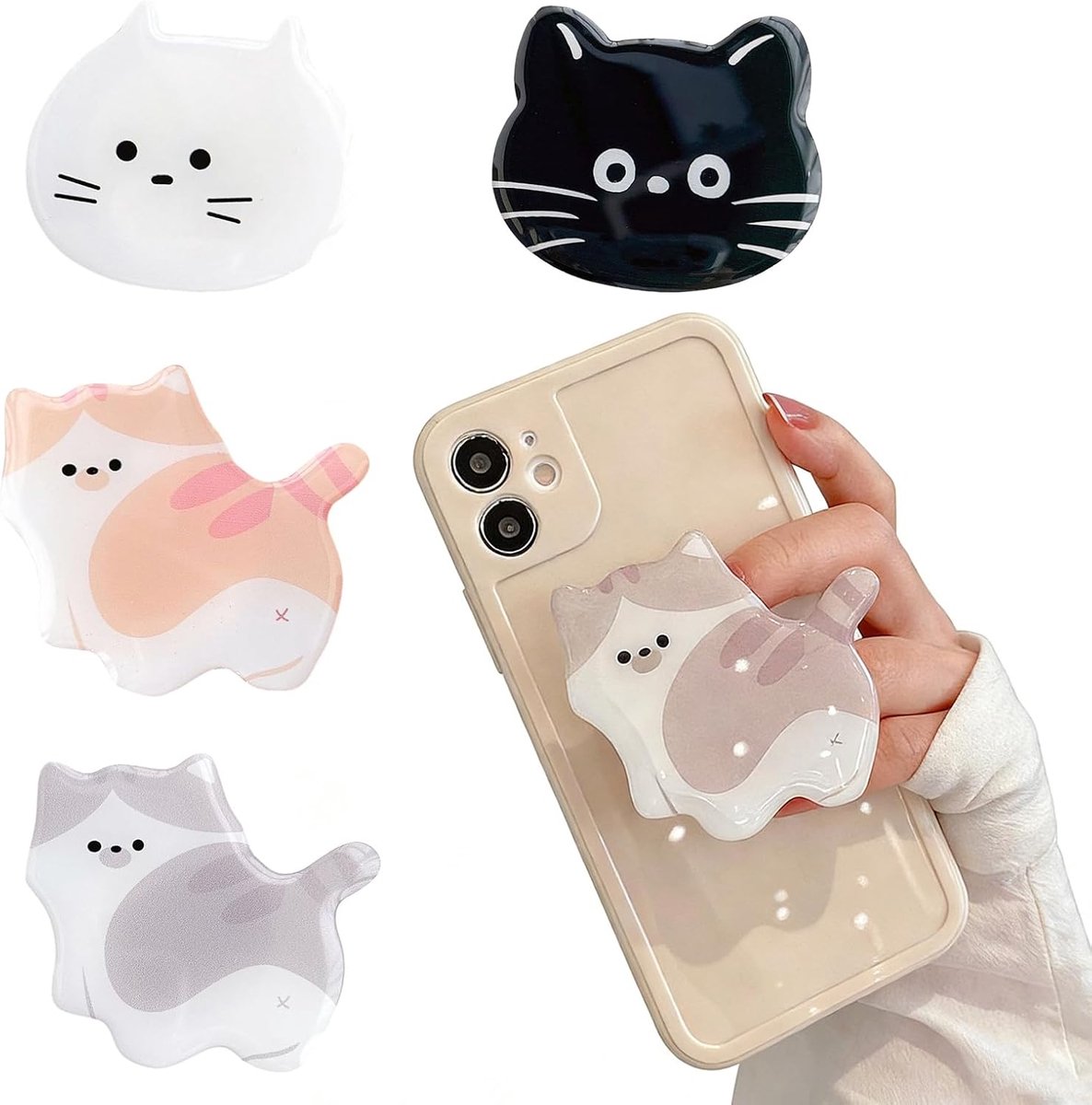 4 stuks telefoongrepen, cartoon kitten mobiele telefoonhouder, mobiele telefoonringhouder, premium houder, veilige grip, dagelijks comfort voor smartphones en tablets, inklapbaar, intrekbaar