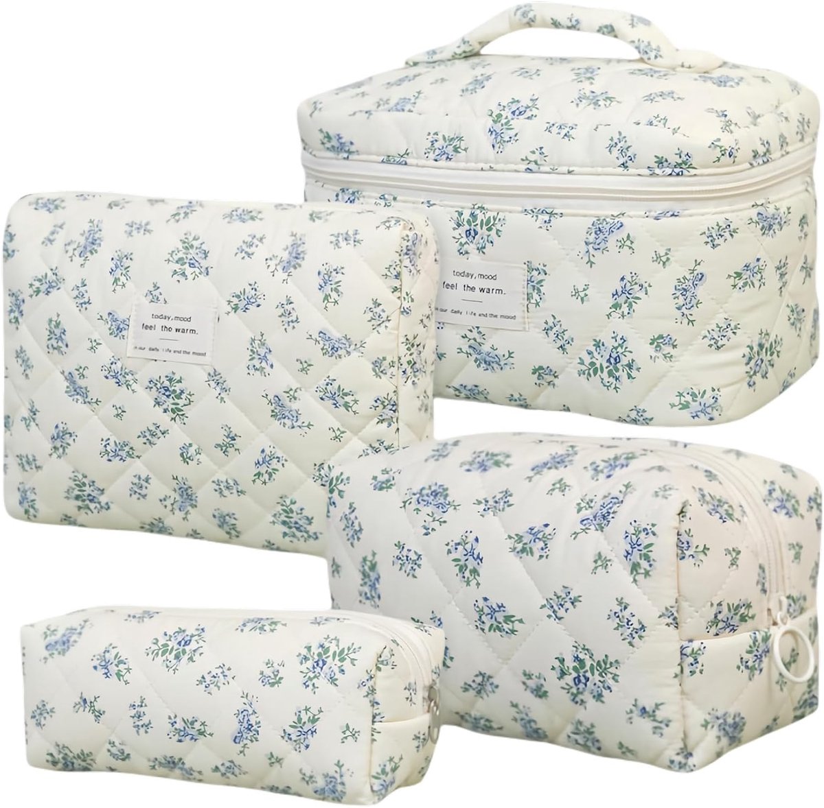 Set van 4 make-uptassen voor dames, met bloemenpatroon, grote toilettas en make-uptas, draagbare make-uptas, toilettas, waterdicht, voor vrouwen en meisjes, ideaal voor dagelijks gebruik en reizen