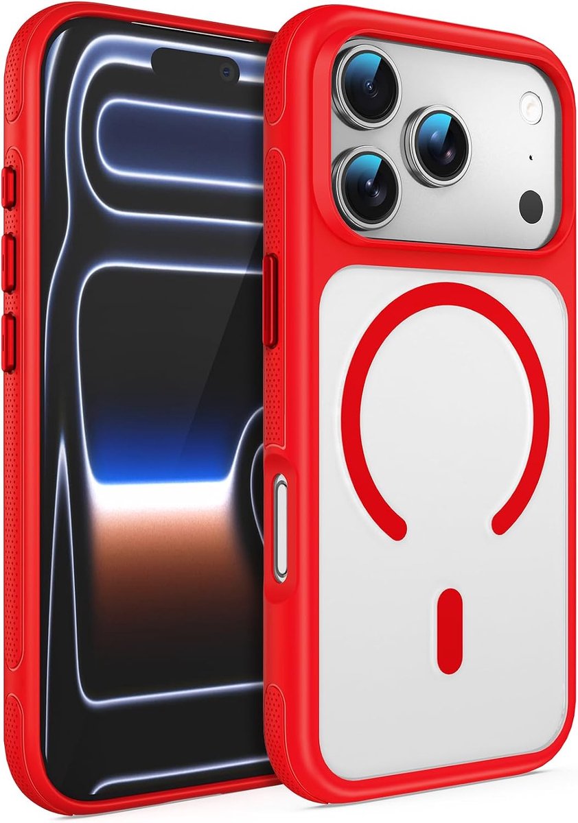 Hoes voor iPhone 17 Pro Max, siliconen, magnetisch, compatibel met MagSafe, stootvast en camerabescherming, transparante dunne zachte beschermhoes voor iPhone 17 Pro Max, rood KJ