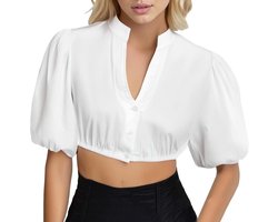 Generisch Dirndl Bluse Damen Puffärmel Dirndlbluse Damen Weiß Elegante Trachtenbluse Spitze V Ausschnitt TrachtenblusenTracht Blusen Spitzenbluse für Oktoberfest & Karneval