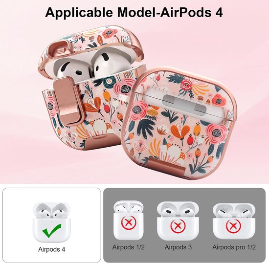 compatibel met AirPods 4e generatie schattige bloemen AirPods 4 hoes met slot roze bessen bloem shell met telefoonstandaard functie & karabijnhaak — afbeelding 2