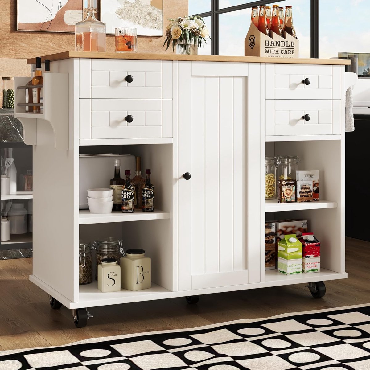 Keukenkast met houtnerf, eetwagen met multifunctionele opbergruimte en uitneembare scheidingswanden, 127 x 46 x 91,5 cm (wit)