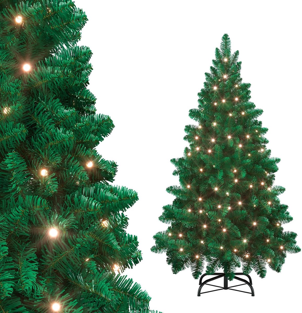 Kunstkerstboom, 210 cm, met verlichting, groen, pvc, edele dennenboom, snelle montage, vuurvast, met kerstboomstandaard (2,1 m, groen)