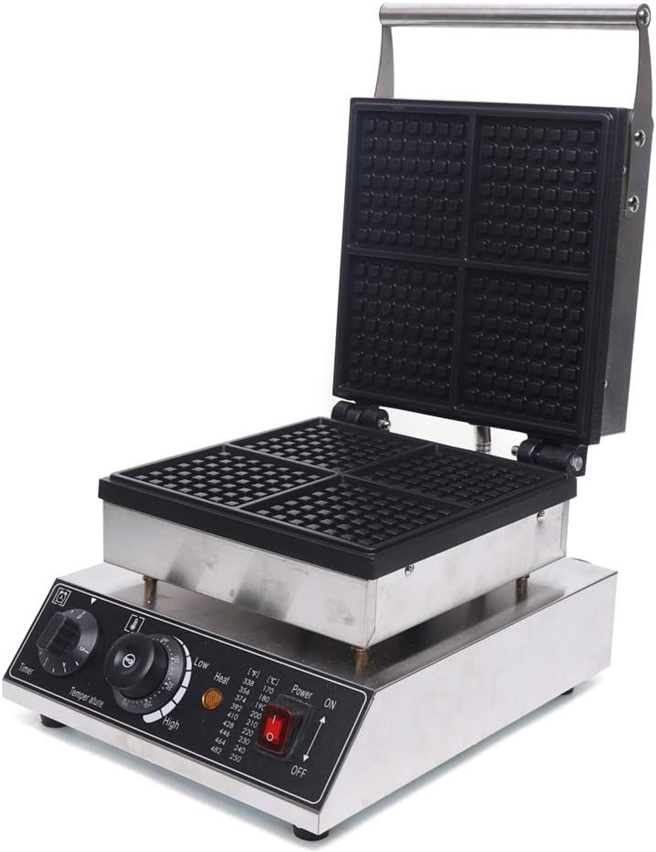 Wafelijzer, sandwichmaker, wafelbroodrooster met 4 vakken, elektrische grill, roestvrij staal, Belgische vierkante wafelmachine, anti-aanbaklaag, temperatuurinstellingsknoppen, 220 V, 1750 W, 30 x 36