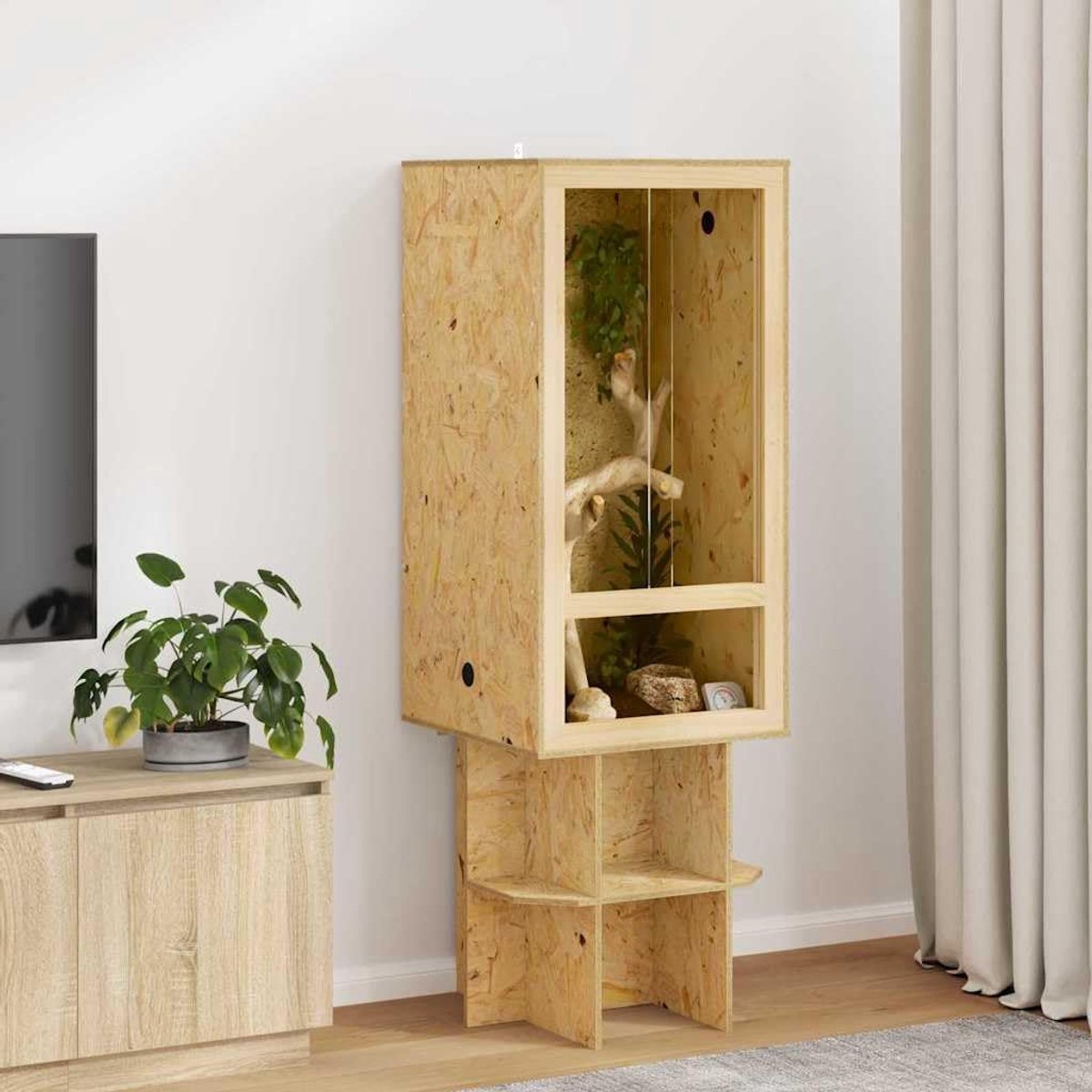 Terrarium voor reptielen, 50 x 50 x 100 cm, van OSB en glas, ruime omheining voor amfibieën en knaagdieren, inclusief thermometer