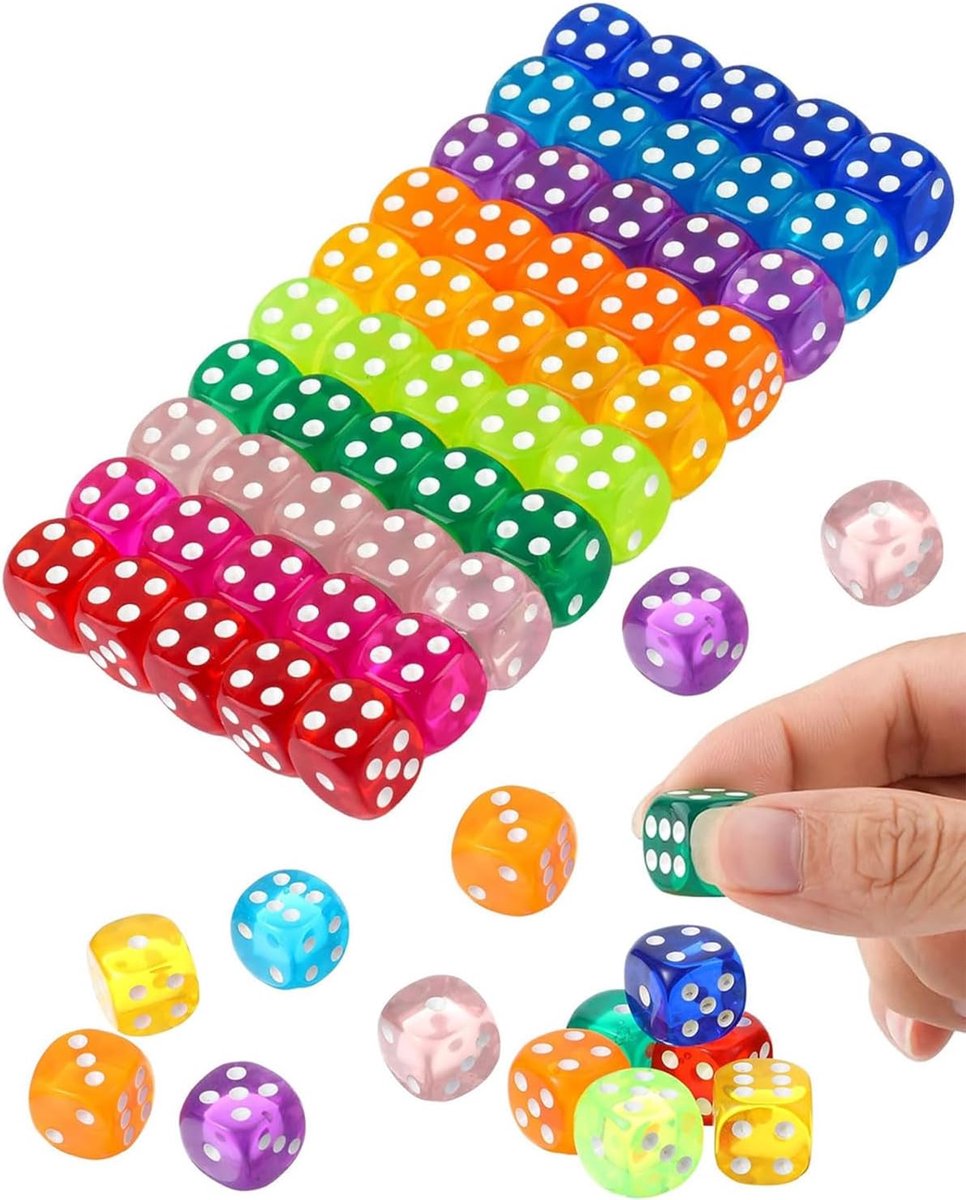 50 stuks 14 mm dobbelstenen kleurrijke acryl speelkubussen met ronde hoeken voor dobbelspellen, bar, karaoke, bordspellen, feest, tutoring, 10 kleuren met opbergdoos
