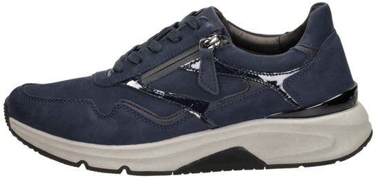 Zijaanzicht van blauwe Gabor Rollingsoft veterschoen met ritssluiting, glanzende details en dikke zool.