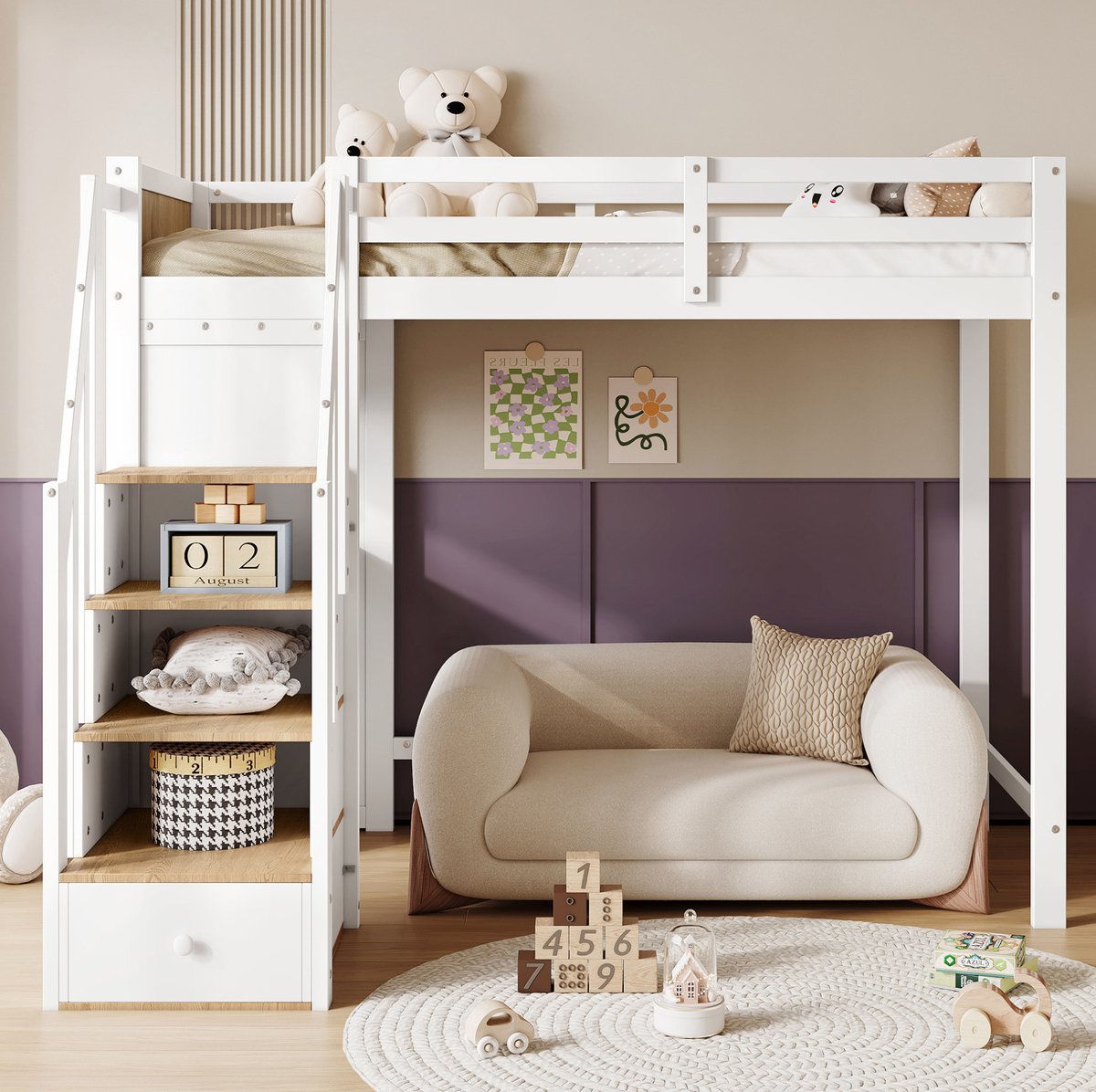 WUVRIE Stapelbed 90x200 cm met bureau, 3 lades, open vakken en trapkast, wit/naturel