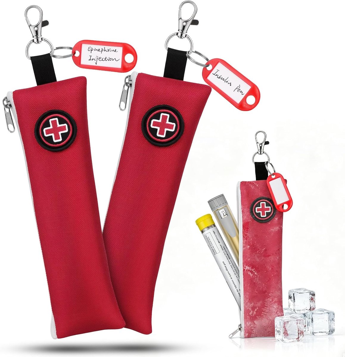 Tas voor EpiPen, 2 stuks kleine geïsoleerde noodtas met karabijnhaak, waterafstotende buitenzijde en geïsoleerde voering, geschikt voor school, buitenactiviteiten, sport en reizen