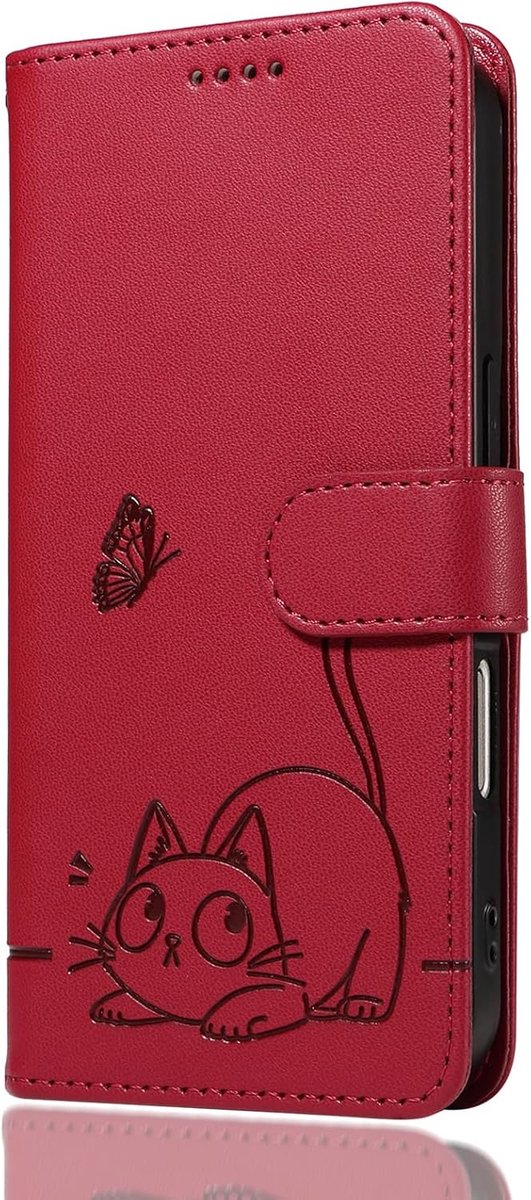 Compatibel met Honor 400 Lite, Reliëf Kat en Vlinder PU Lederen Standaard ID Creditcardsleuven, Portemonnee Hoesje met Kaarthouder. Rood