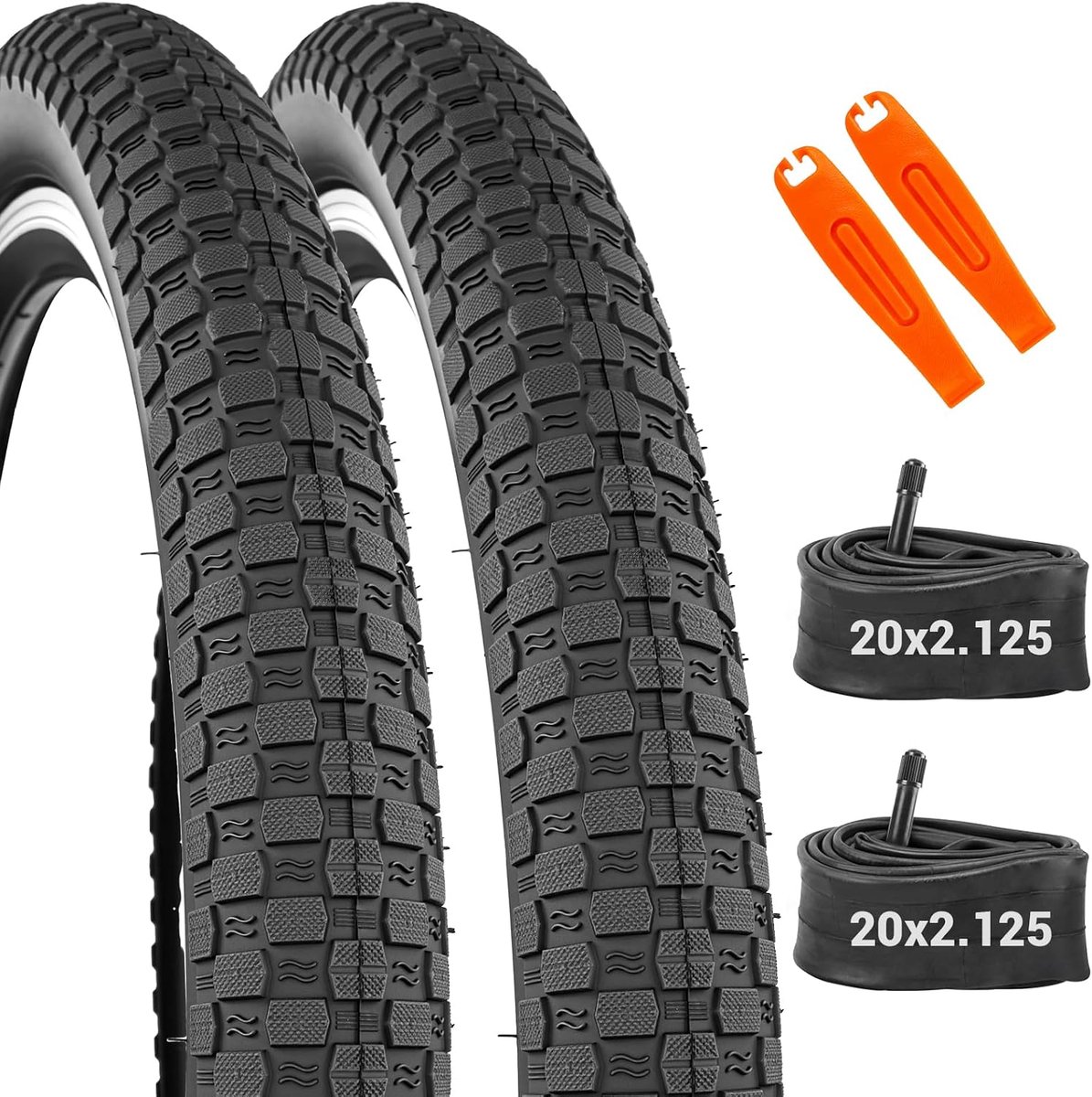 Bandenset 20 x 1,95/20 x 2,125/24 x 1,95/24 x 2,125, 2 mantel + 2 slangen + 2 bandenlichters, blokprofiel, voor MTB, BMX