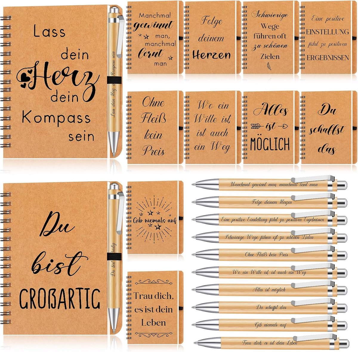 12 bedankcadeausets voor collega's, leraren, 12 inspirerende spiraalvormige notitieblokken voor medewerkers, 12 motiverende houten balpennen, gelinieerd notitieboek, afscheidscadeau voor