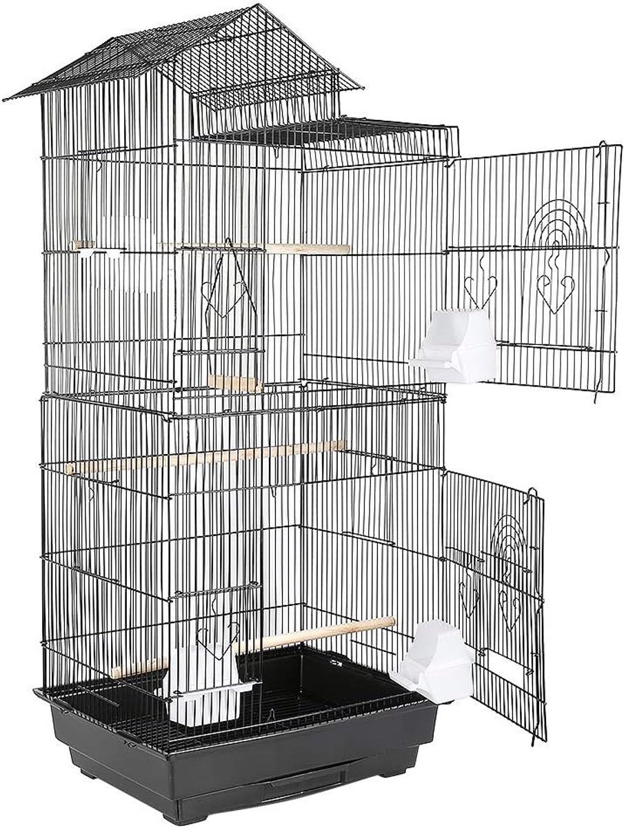 Vogelkooi van draad, draagbaar, met dakconstructie, vogelkooi, vogelhuis, voor papegaaien, parkieten, vinken, kanaries, 46 x 35,5 x 99 cm (zwart)