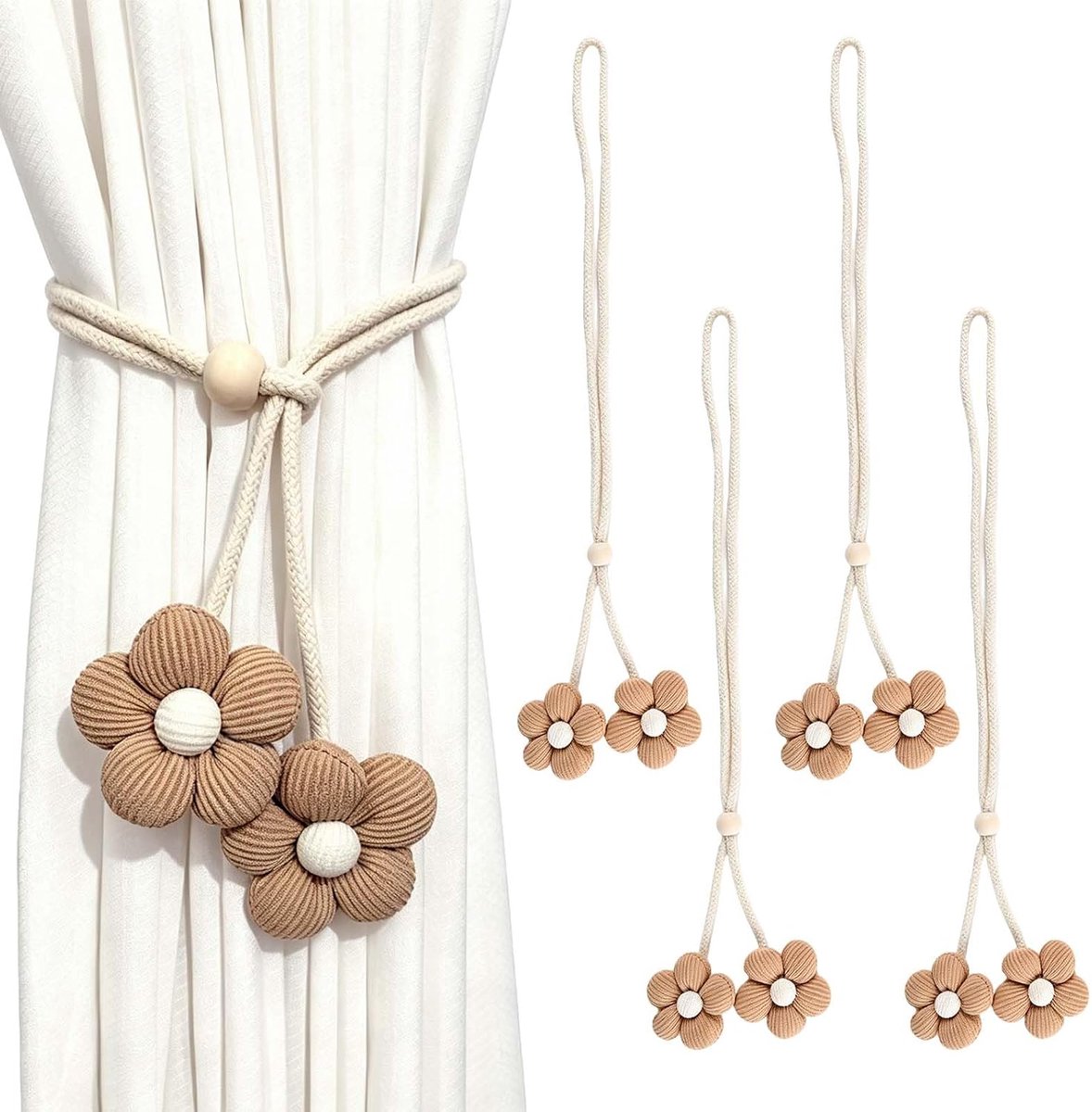 4 stuks gordijntouw gesp elegant boho, strikruggen voor gordijnen bloementouw, handgebreide katoenen en linnen gordijnen tiebacks, voor thuis, kantoor, woonkamer, slaapkamer (bruin)
