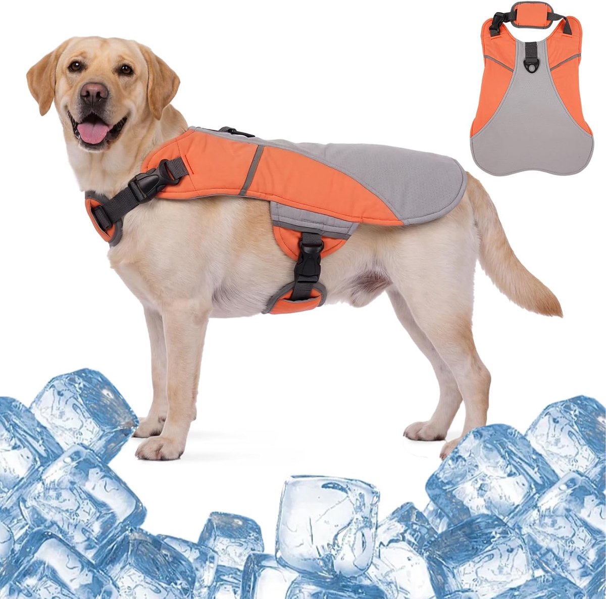 Hondenkoelvest voor grote honden, verstelbare nek- en buikgaasjas met reflecterende strepen en D-ring, voor wandelen, strand, park in de zomer (oranje, XL)