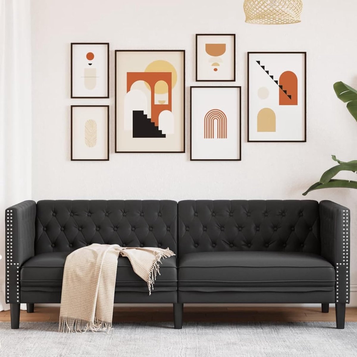 Chesterfield-372666 3-zitsbank, zwart, kunstleer, gestoffeerde bank, zitgroep, bank voor woonkamer, appartement, kantoor, logeerkamer