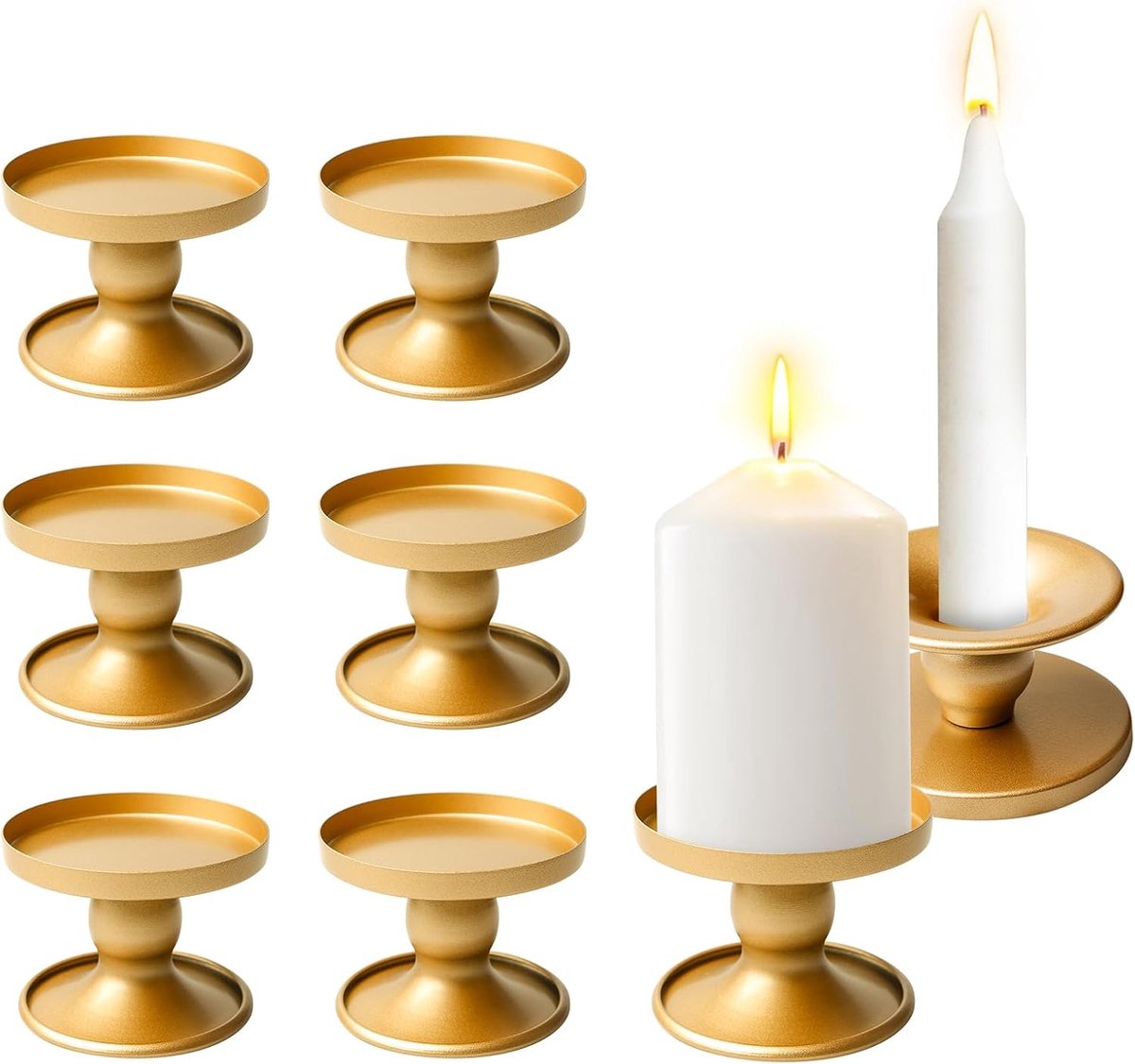 Set van 6 kandelaars, goud, kandelaars, ijzeren decoratieve kandelaars, gouden kandelaar voor staafkaarsen, dubbele decoratie, tafeldecoratie voor staafkaarsen voor bruiloft, woonkamerdecoratie
