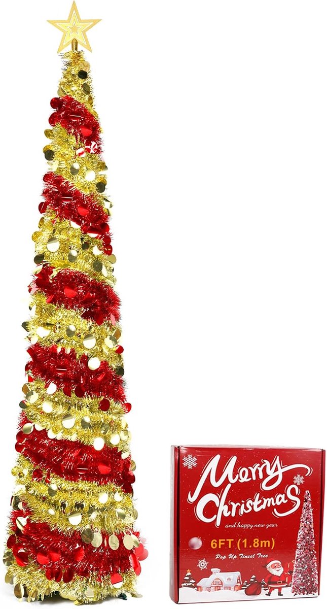 180cm Opvouwbare Kerstboom Versierd, 6ft Kunstmatige Kerstboom, Pop Up Kunstmatige Kerstboom, Kunstmatige Kerstboom Kerstbomen voor Thuis, Kantoor, Goud Rood