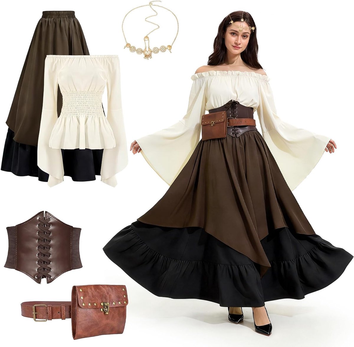 kostuum voor dames, middeleeuwse kleding, renaissance-jurk voor volwassenen, set met korset, heuptas en riem, Victoriaans kostuum voor carnaval, Halloween