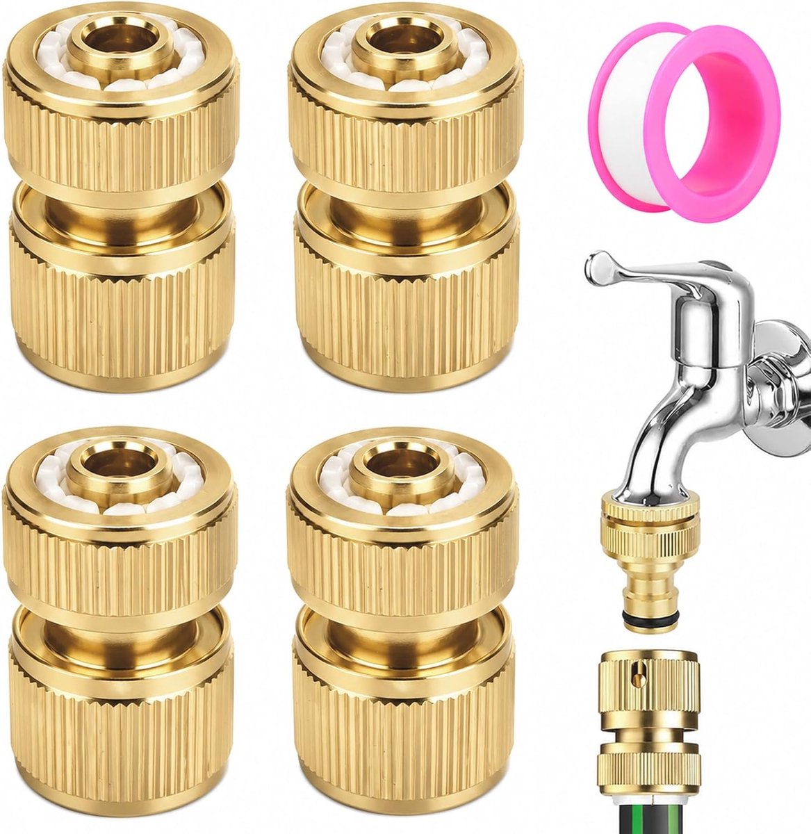 4 stuks snelkoppelingen voor irrigatieslang van messing, 1/2 inch tuinslangaansluitingen voor keuken, tuin, buiten