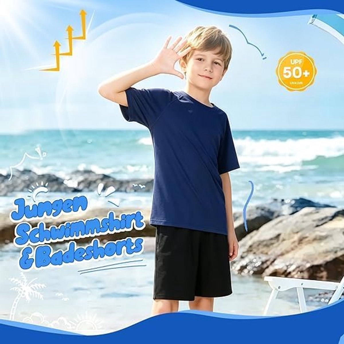 shirt en zwembroek Set jongens,UPF 50+ shirt & 2-in-1 zwemshort met binnenbroek kinderen,voor 5-14 jaar