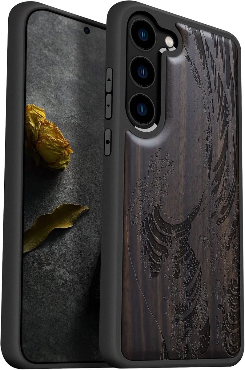 Natuurlijk houten hoesje voor Galaxy S23 Plus Cover [Anti Fingerprint Antislip Comfortabele Grip] Schokbestendige TPU-bumper compatibel met Samsung S23 Plus-hoesje (De grote golf bij Kanagawa-Donker hout)