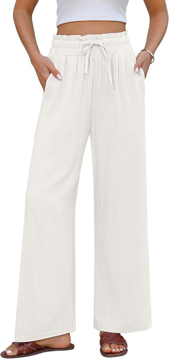 Damesbroek zomer katoen linnen wijde pijpen broek dames elegante losse lounge broek met zakken elastische hoge taille broek met trekkoord