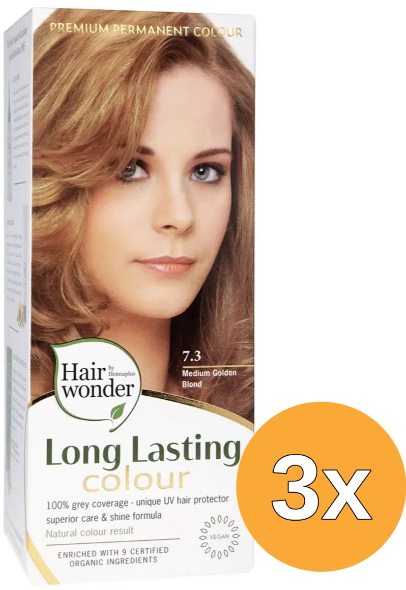 3x Hairwonder Long Lasting Colour 7.3 Medium Golden Blond (100 ml)