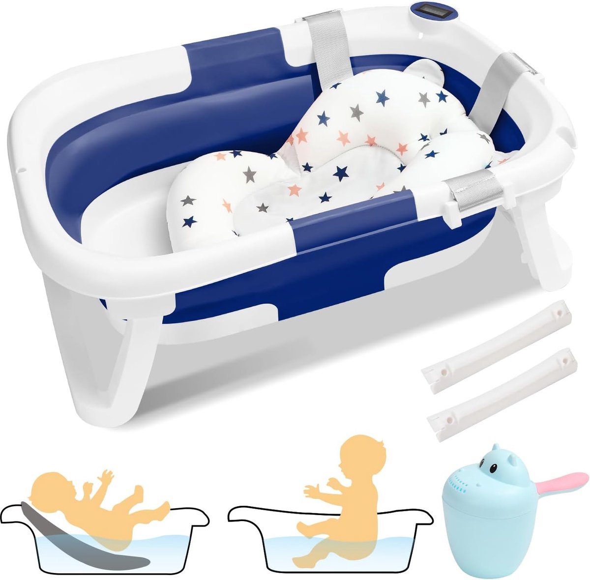 Babybadkuip, opvouwbaar, met inzetstuk, babybad, met thermometer en badmat, babyhaarwasbeker, antislip babybadkuip voor pasgeborenen 0-6 jaar, blauw