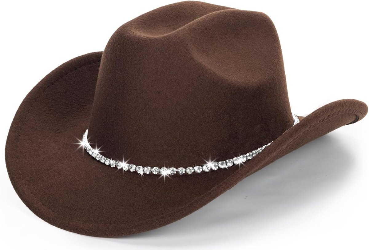 Vilten westerse cowboy- en cowgirlhoed met brede rand met gesp voor dames en heren (maat: M)